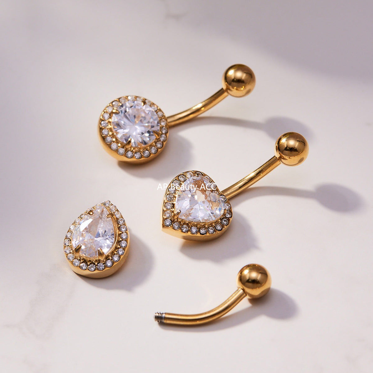 B廠-超閃5A鋯石愛心水滴造型肚臍釘不鏽鋼18k鍍金歐美穿刺飾品「H001」25.11-2