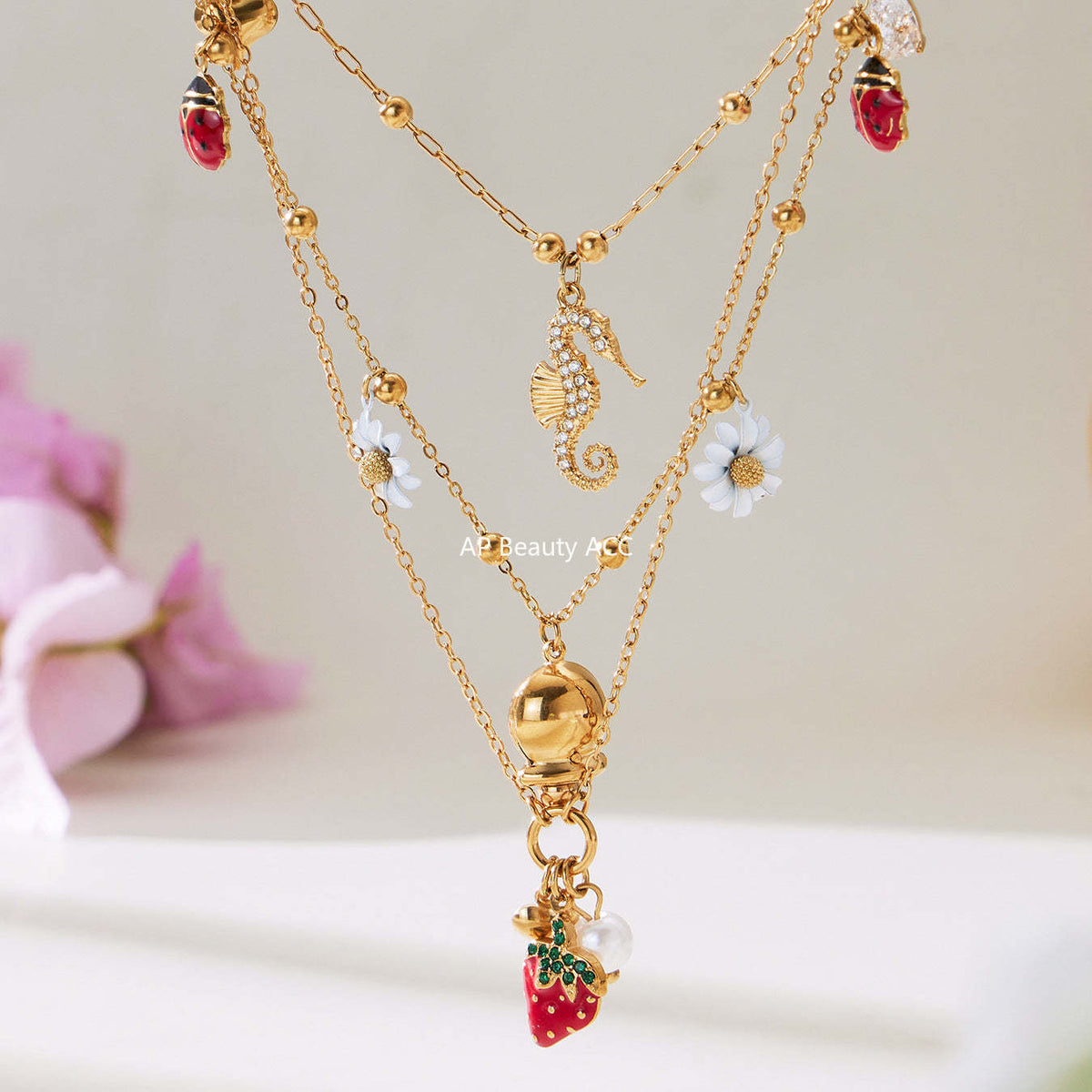 B廠-不鏽鋼DIY多配件鑲嵌鋯石海馬吊墜鎖骨項鍊鍍18k真金歐美時尚飾品「P755」25.11-4