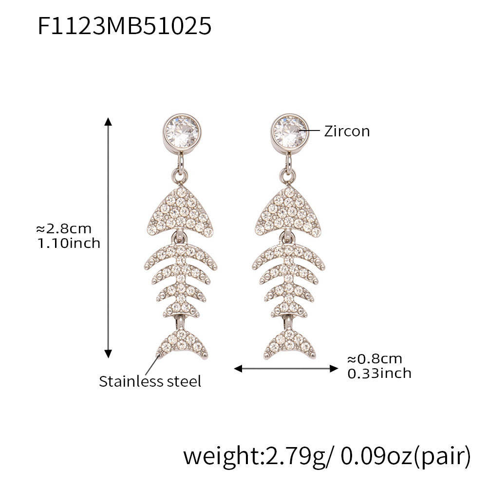 B廠-跨境新款魚骨造型滿鑽鋯石超閃耳環不鏽鋼鍍18k真金不掉色「F1123-F983」25.10-5