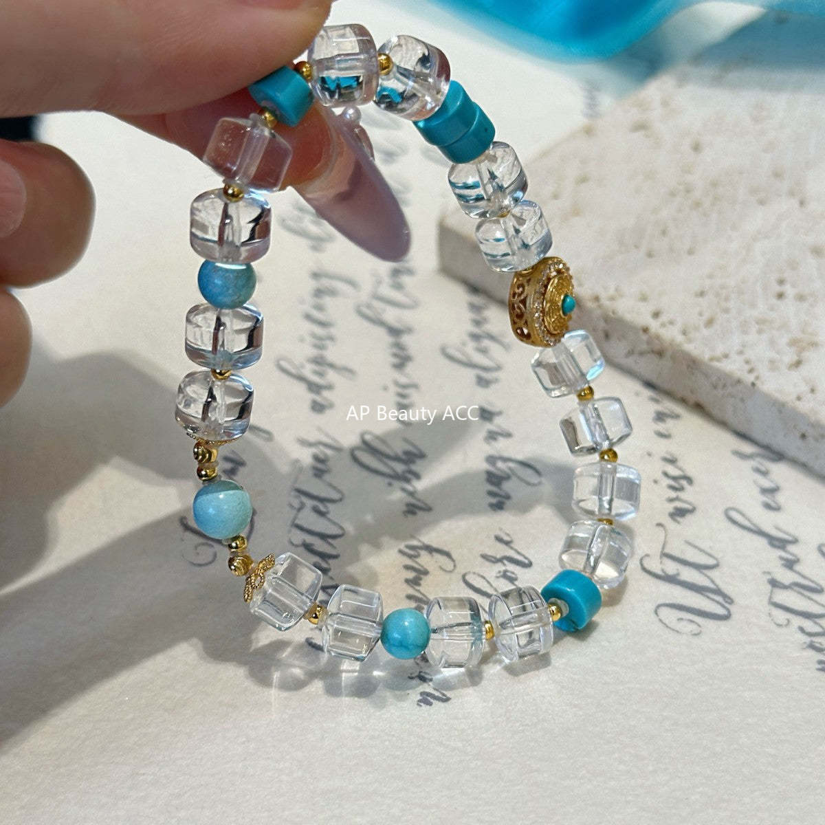 AS廠-時尚天然白水晶手鍊新款百搭綠松石設計925銀手鍊「l2927」25.10-4