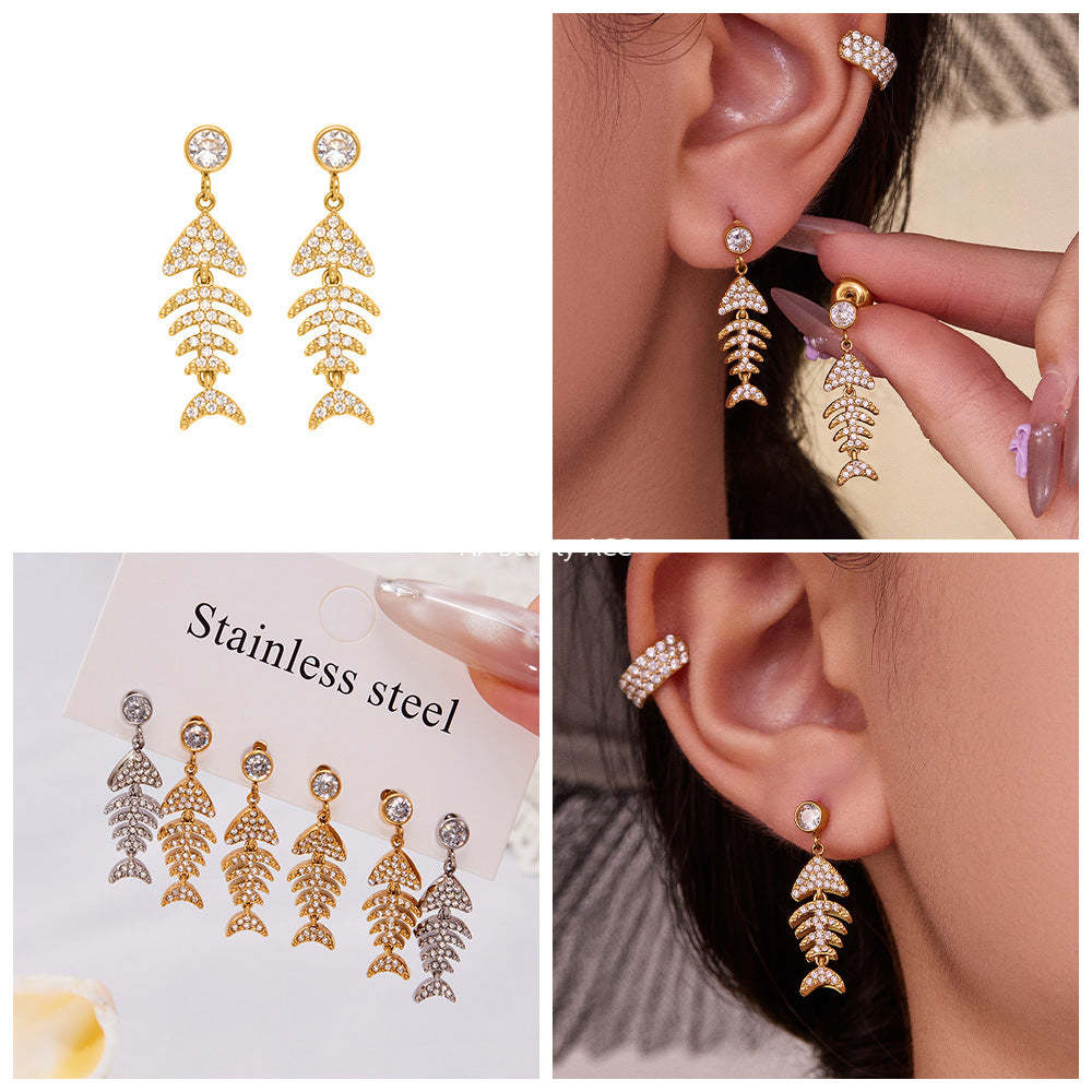 B廠-跨境新款魚骨造型滿鑽鋯石超閃耳環不鏽鋼鍍18k真金不掉色「F1123-F983」25.10-5