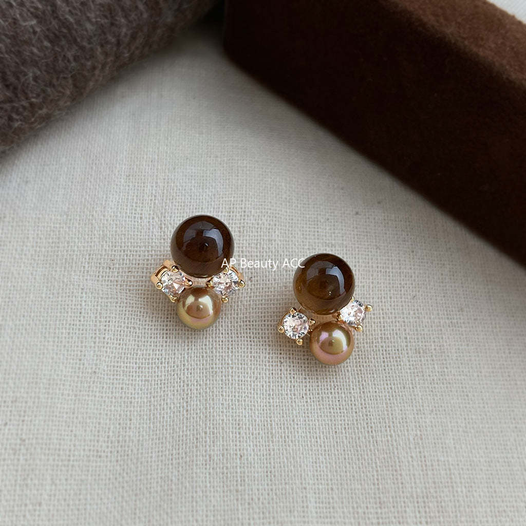 A廠-美拉德風 文藝復古天然石虎眼石925銀針鋯石幾何耳環新耳飾「7233」25.12-2