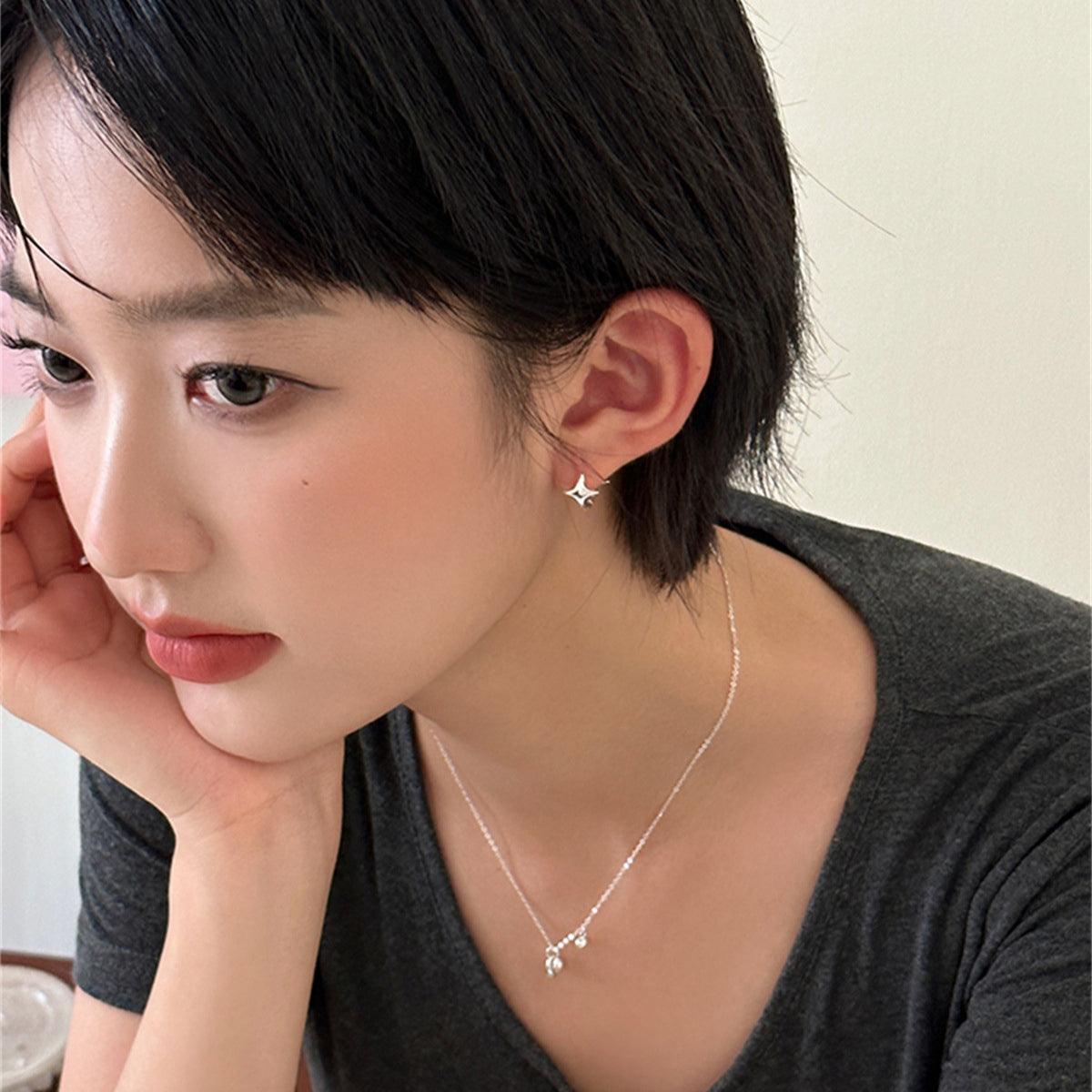 C廠-925銀針素圈小耳環女精緻時尚高級感四芒星耳圈小眾百搭秋冬耳扣「EH-3326」24.11-3