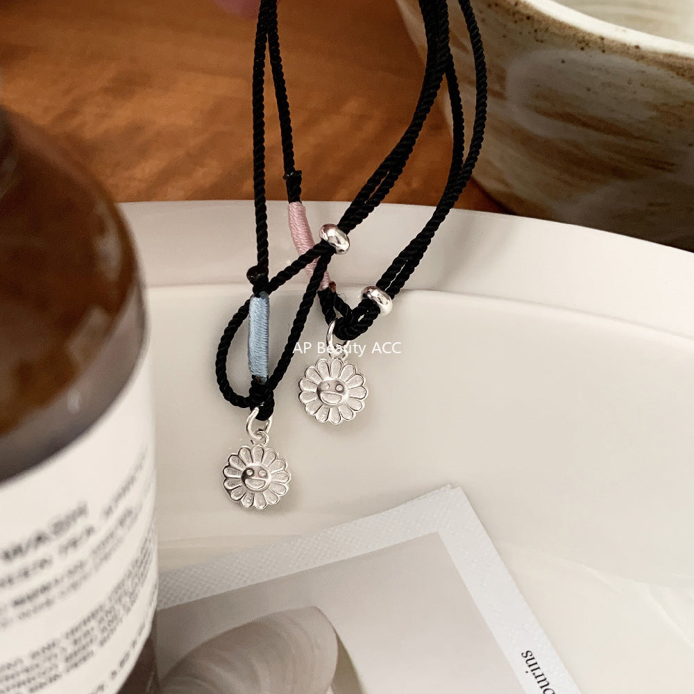 C廠-韓國東大門太陽笑臉花朵手工編織可調節編繩S925純銀手鍊「1538」25.11-2