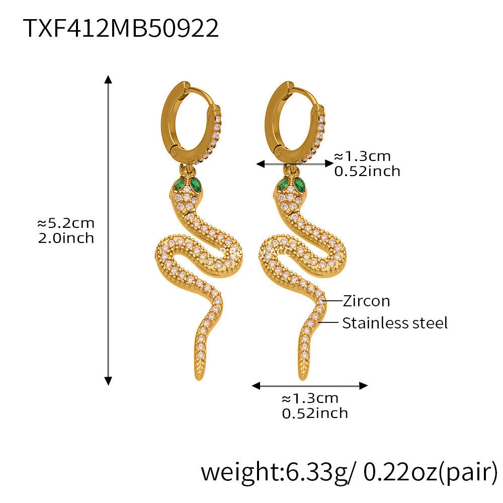 B廠-精緻5A鋯石蛇形滿鑽不鏽鋼戒指耳環首飾套裝鍍18k金跨境飾「TXF412」25.10-1