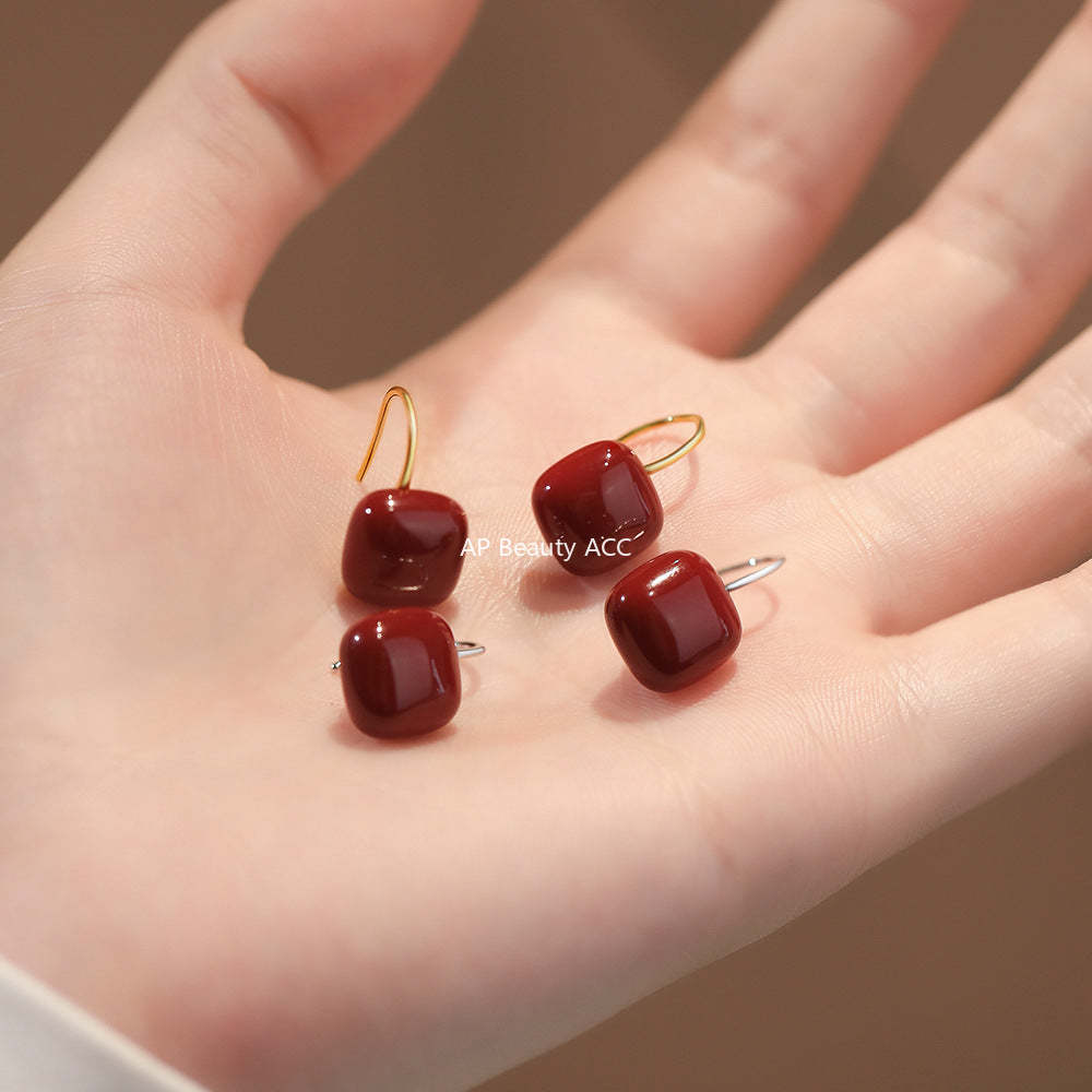 D廠-純銀S925復古幾何簡約紅色復古方塊耳環輕奢中式溫柔小眾耳飾「YC4242E_1」25.12-3