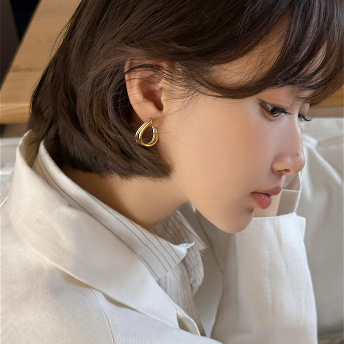 C廠-925銀針金銀撞色雙層疊戴耳環女小眾設計感輕奢時尚耳環精緻耳飾「EH-4012」25.09-2