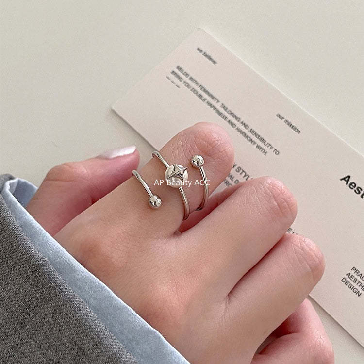 C廠-法式氣質名媛高級感珍珠戒指女百搭純銀疊戴風旋轉四芒星食指戒「JZ-0715」25.10-5