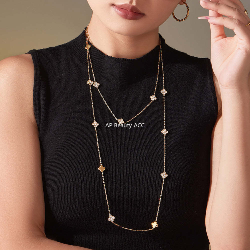 B廠-超閃5A鋯石小花朵滿鑽長款毛衣鏈歐美風時尚百搭不鏽鋼飾品「M086」25.11-3