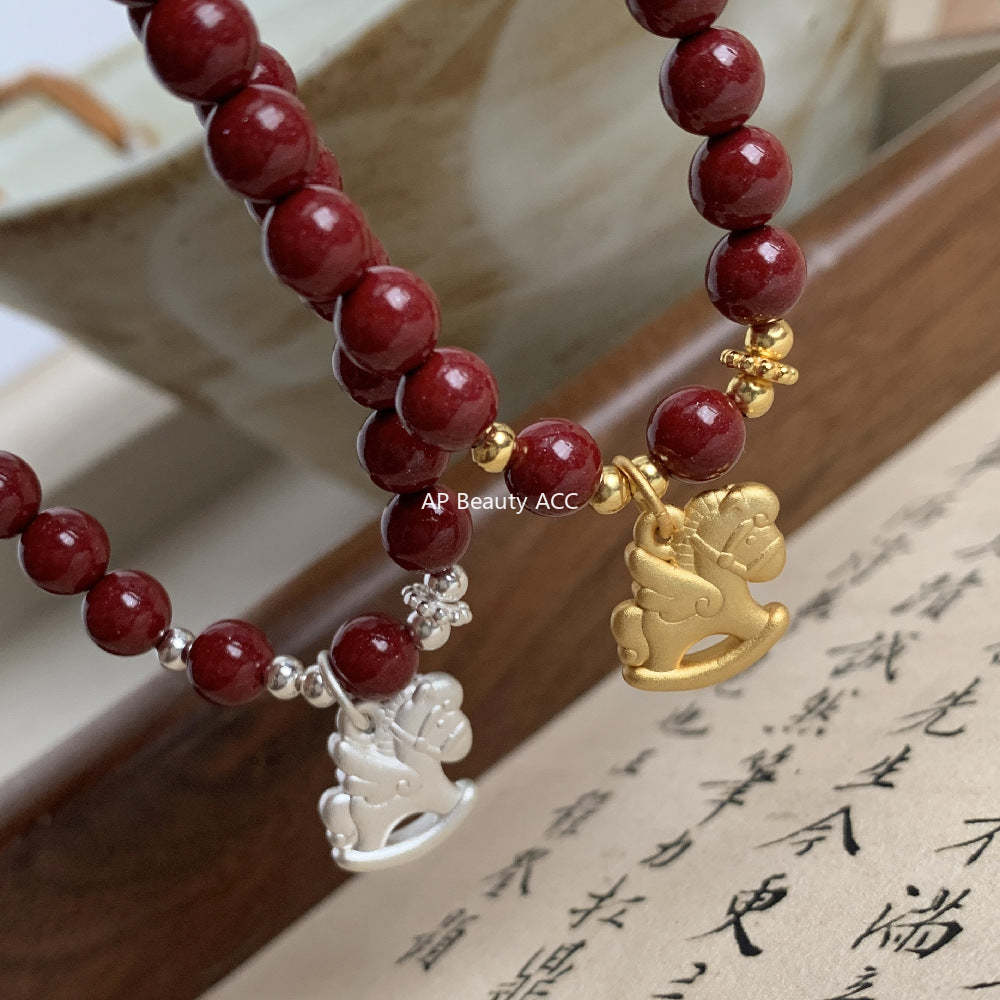 C廠-新中式搖搖馬手鍊高含量天然朱砂女2026屬馬生肖馬年S925純銀手鍊「1635」25.12-3