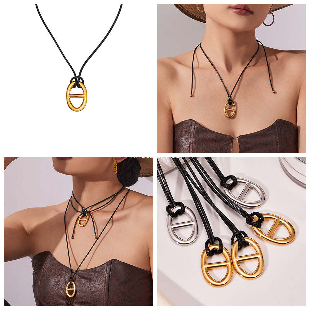 B廠-跨境新款不鏽鋼豬鼻子吊墜長款皮繩項鍊疊戴個性百搭毛衣鏈「P1701」25.11-3