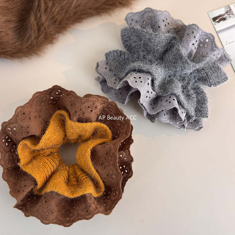 E廠-秋冬韓系毛線針織蕾絲大腸髮圈女超大丸子頭低馬尾頭繩慵懶風頭飾「27752」25.12-1