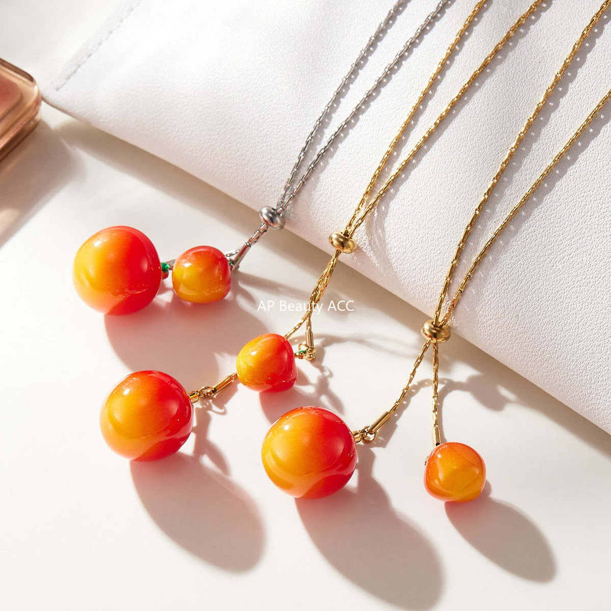 B廠-5A鋯石抽拉大小櫻桃吊墜毛衣項鍊不鏽鋼鍍18k真金珠寶首飾「P1366」25.11-3