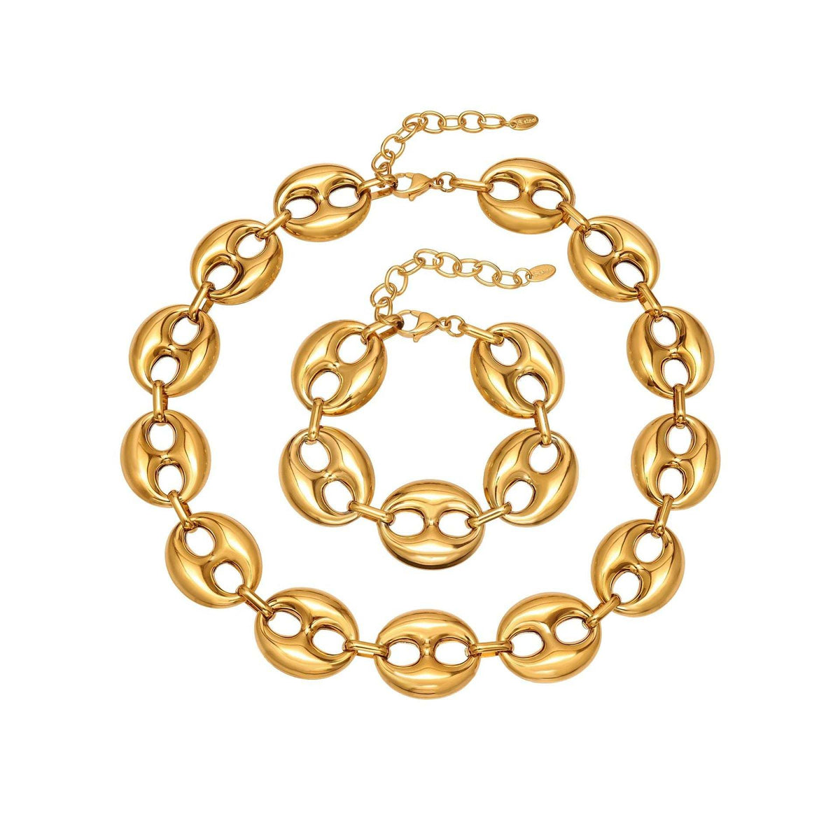 B廠-時尚輕奢風光面橢圓形豬鼻子項鍊手鍊套裝不鏽鋼鍍18k真金「TXP466」25.11-3