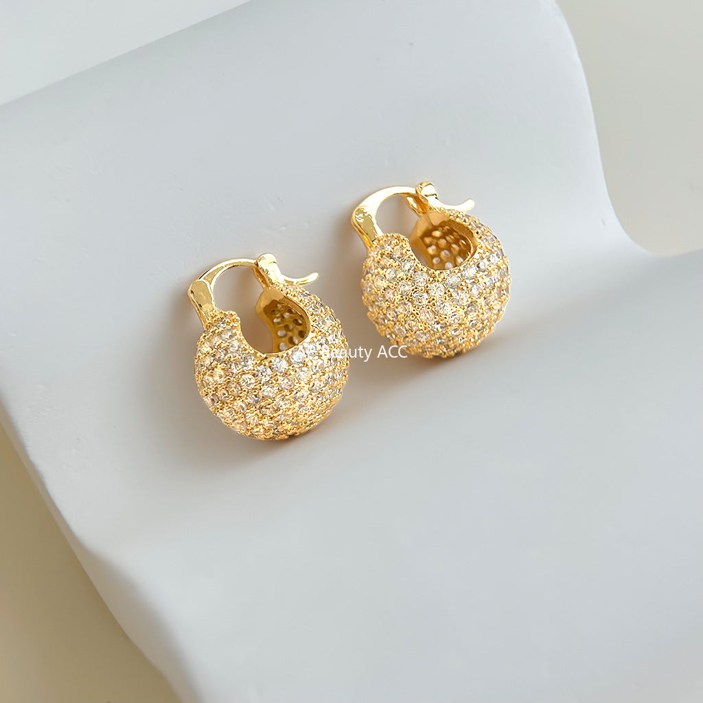 A廠-厚鍍真金滿鋯石時尚通勤老錢風幾何圓豆豆耳環新耳飾工廠飾品「7059」25.11-2