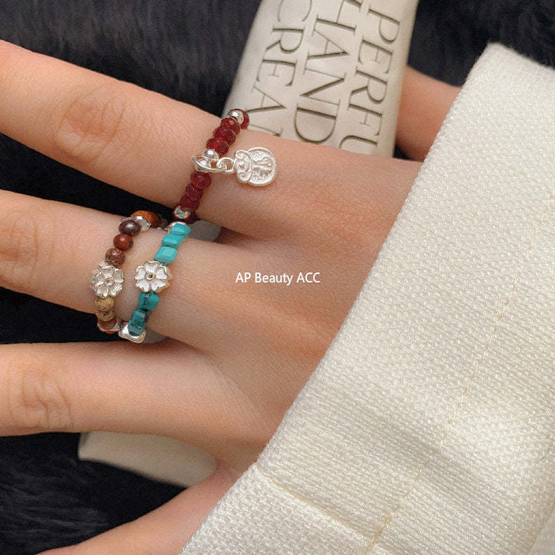 C廠-古風花朵葉子福袋小馬元寶蘋果紅瑪瑙彈力戒指S925純銀戒指女士「RB」25.11-4