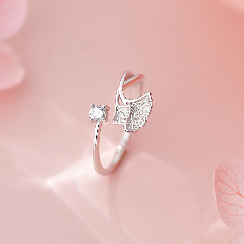D廠-S925純銀銀杏葉鋯石戒指森系立體花卉質感精緻溫柔食指手飾「YC3430R_1」25.11-2
