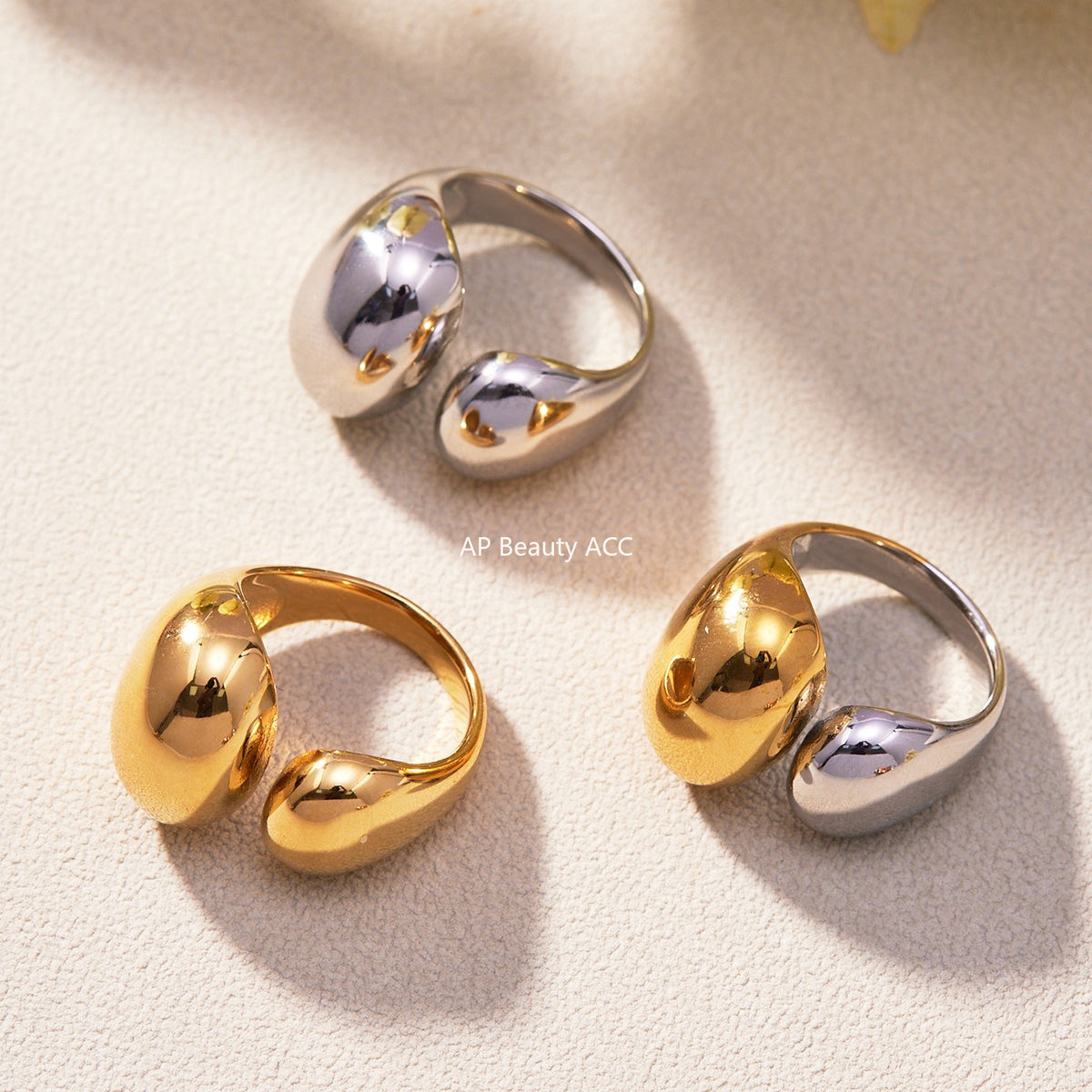 B廠-跨境法式光面雙水滴開口戒指不鏽鋼鍍18k真金不掉色首飾品「A656-A658」25.11-1