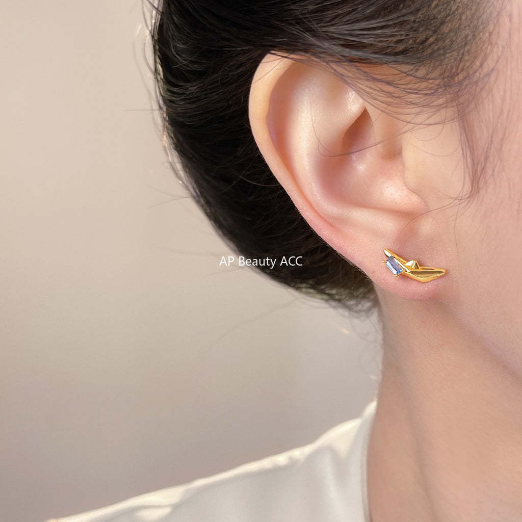 A廠-原創漂流船~鑲嵌海藍寶鋯石925銀針個性創意設計新款耳釘「7159」25.11-4