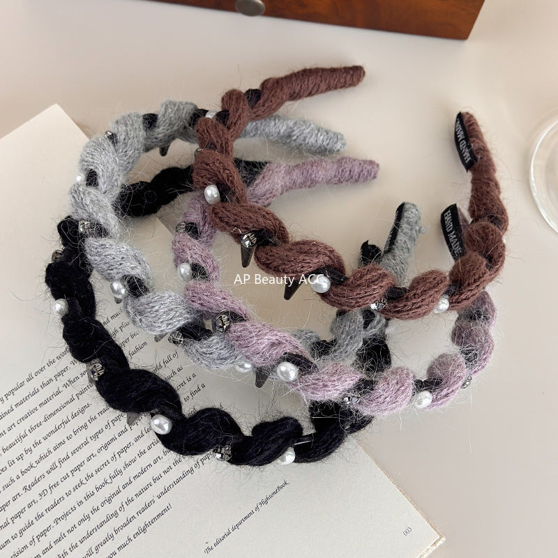 E廠-韓系閃鑽珍珠毛線波浪髮箍女高顱頂頭箍帶齒防滑外戴髮卡壓髮頭飾「27663」25.11-2