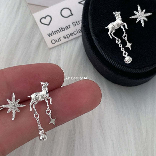 C廠-甜美風幸運小鹿耳釘女高級星星流蘇銀針耳環氣質冷淡風不對稱耳飾「EH-4262」25.11-4