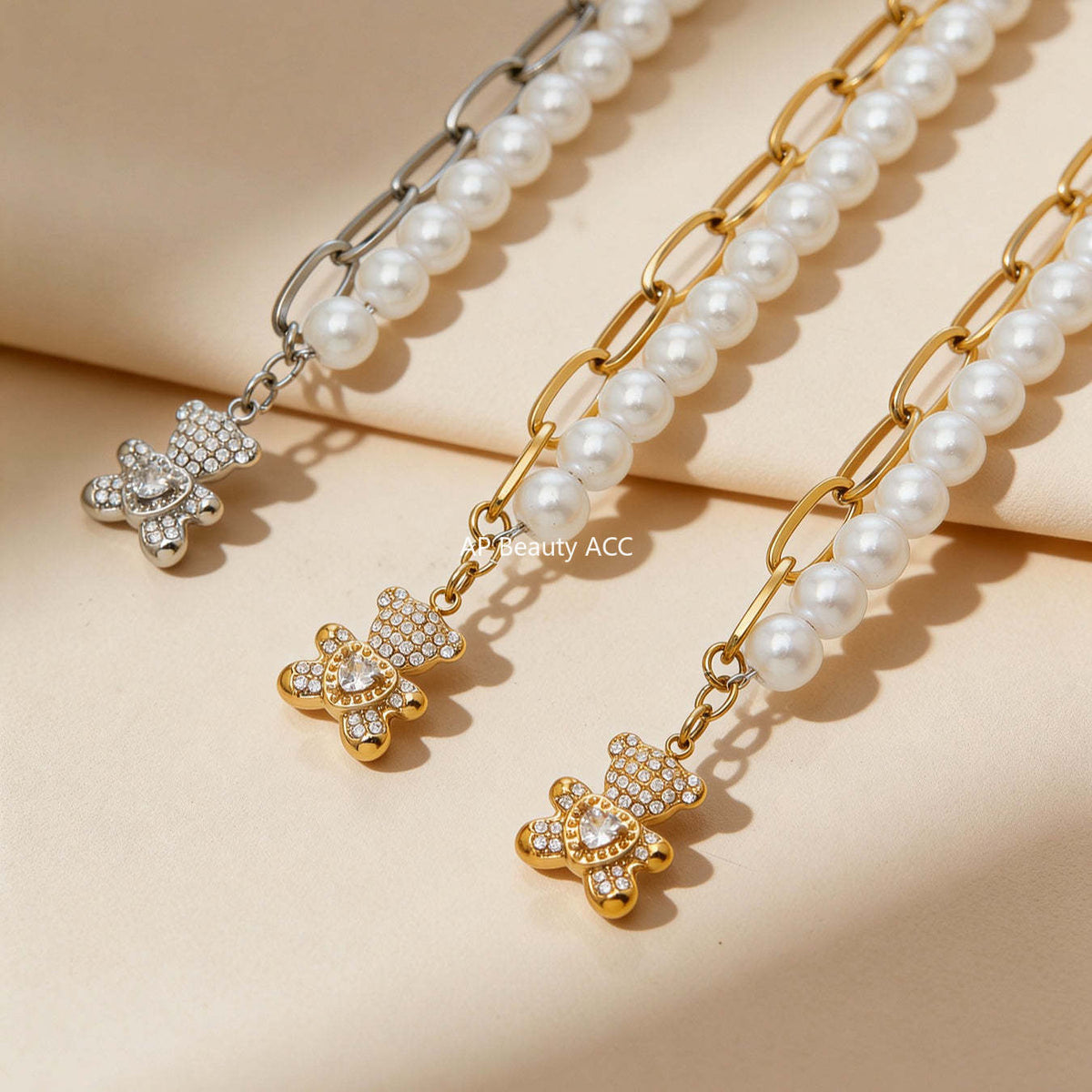 B廠-不鏽鋼愛心小熊鑲鋯石吊墜手工貝珠手鍊手指鏈組合手上鍍18k真金「E153-E162」25.12-3