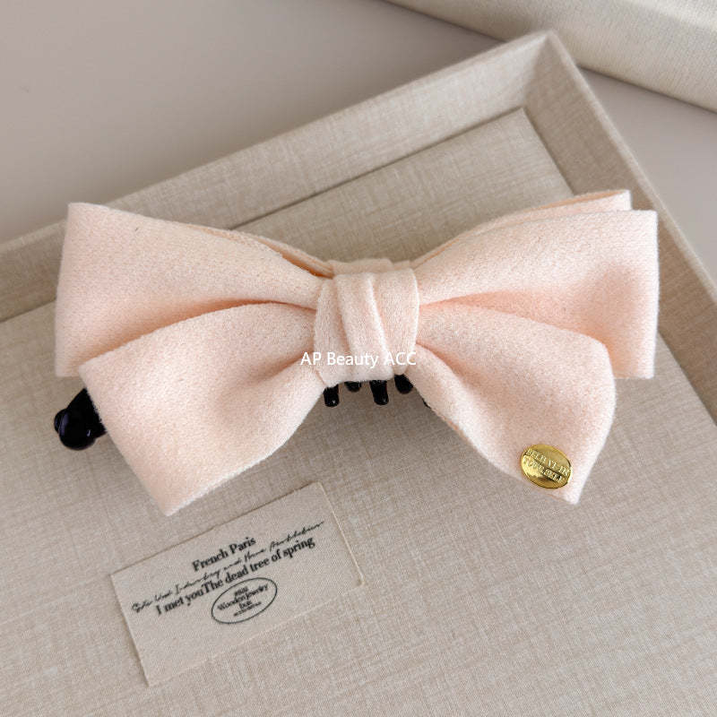 E廠-韓國秋冬高級感雙面呢子蝴蝶結香蕉夾韓系金標竪夾馬尾髮夾髮飾「27639」25.11-1