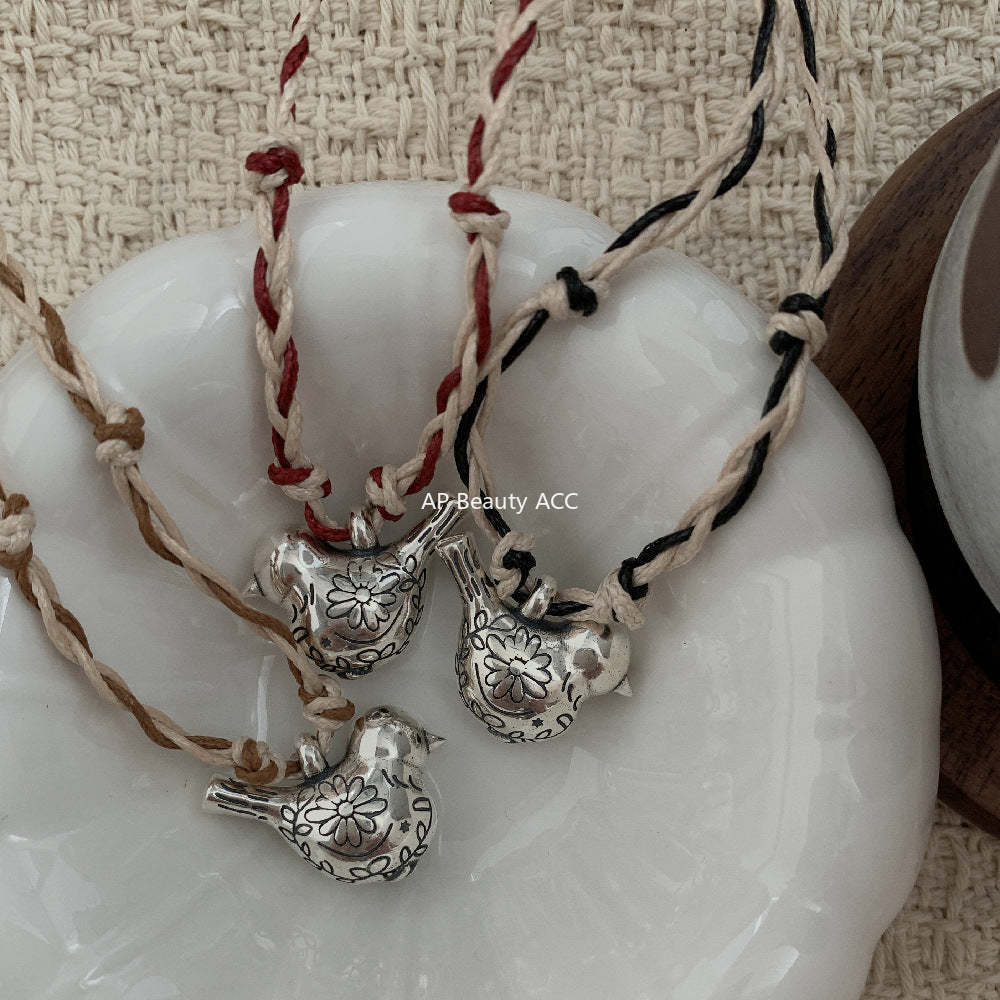 C廠-多寶滿足鳥串珠吊墜S925純銀項鍊女復古小眾高級感編織繩毛衣鏈「1633」25.12-3