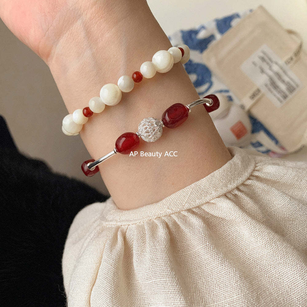 C廠-小紅薯同款招桃花紅瑪瑙紅玉髓彈力手鍊縷空繡球S925純銀手鍊「1517-1518」25.11-3