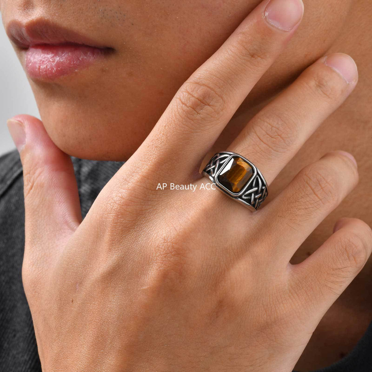 G廠-不鏽鋼男式扳指方形綠松石虎眼石凱爾特結戒指送男友「RC-605」25.12-2