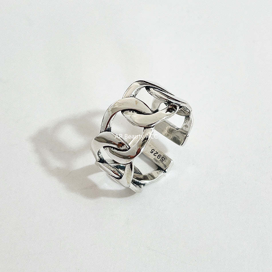 F廠-韓國韓版S925純銀簡約 個性復古泰銀 寬鎖鏈方條開口戒指指環「J549」25.12-2