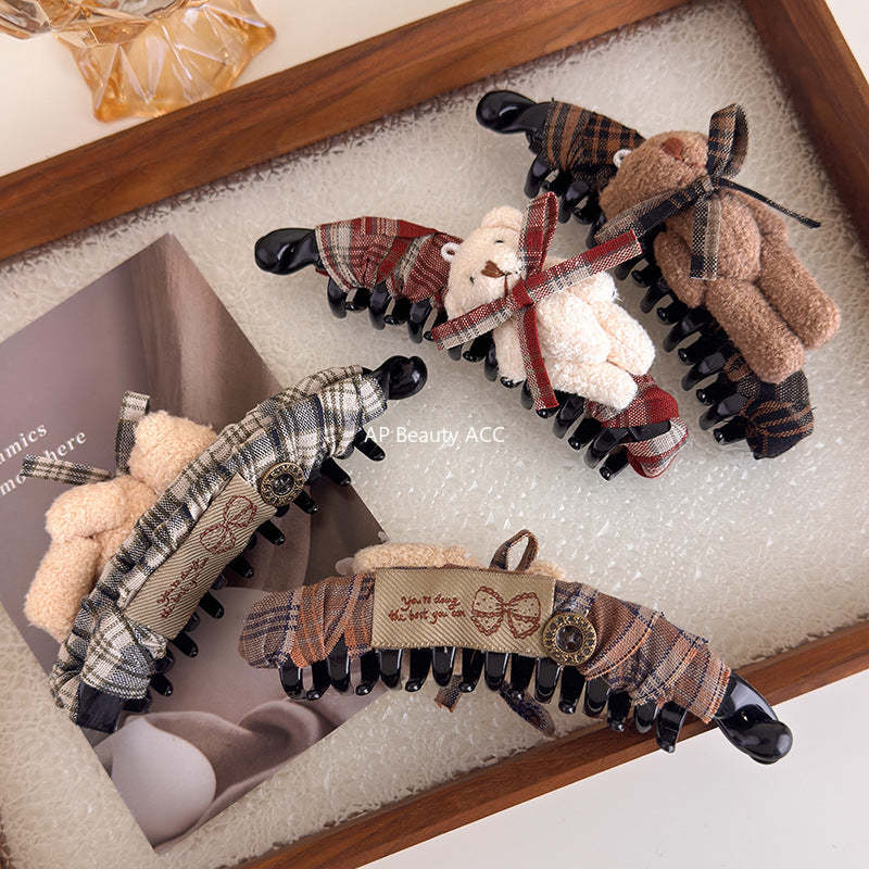 E廠-美拉德格紋布藝蝴蝶結玩偶小熊香蕉夾髮夾竪夾大號馬尾夾韓版髮飾「27722」25.11-4