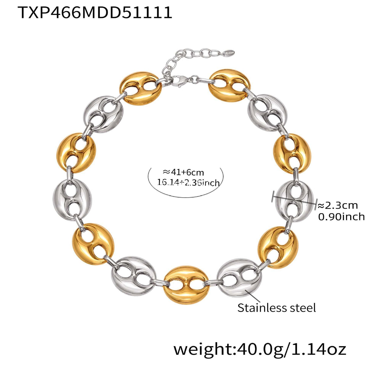 B廠-時尚輕奢風光面橢圓形豬鼻子項鍊手鍊套裝不鏽鋼鍍18k真金「TXP466」25.11-3