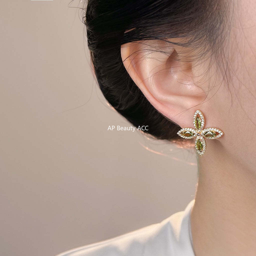 A廠-時尚高級感微鑲鋯石 925銀針幾何花朵新款耳環輕奢風橄欖綠耳環女「7194」25.12-1