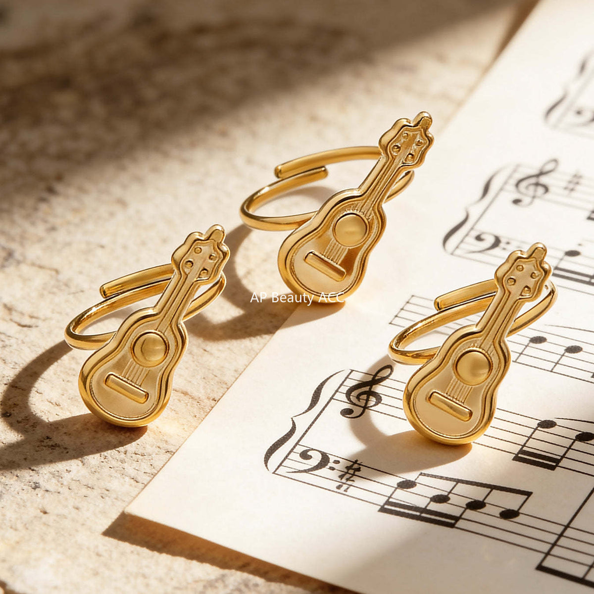 B廠-不鏽鋼小吉他開口戒指鍍18k真金學院風個性潮酷配飾ins小眾設計感「A542」25.12-3