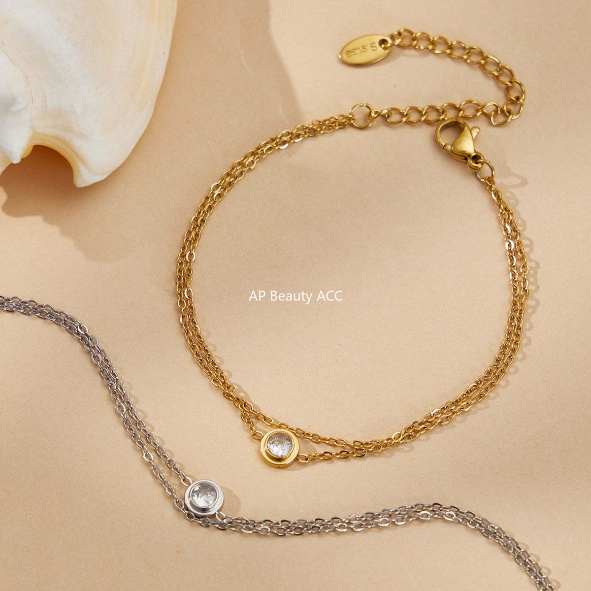 B廠-不鏽鋼單鑽鋯石雙層手鍊鍍18k真金 INS冷淡風疊戴氣質新款手飾女「E198」25.12-3