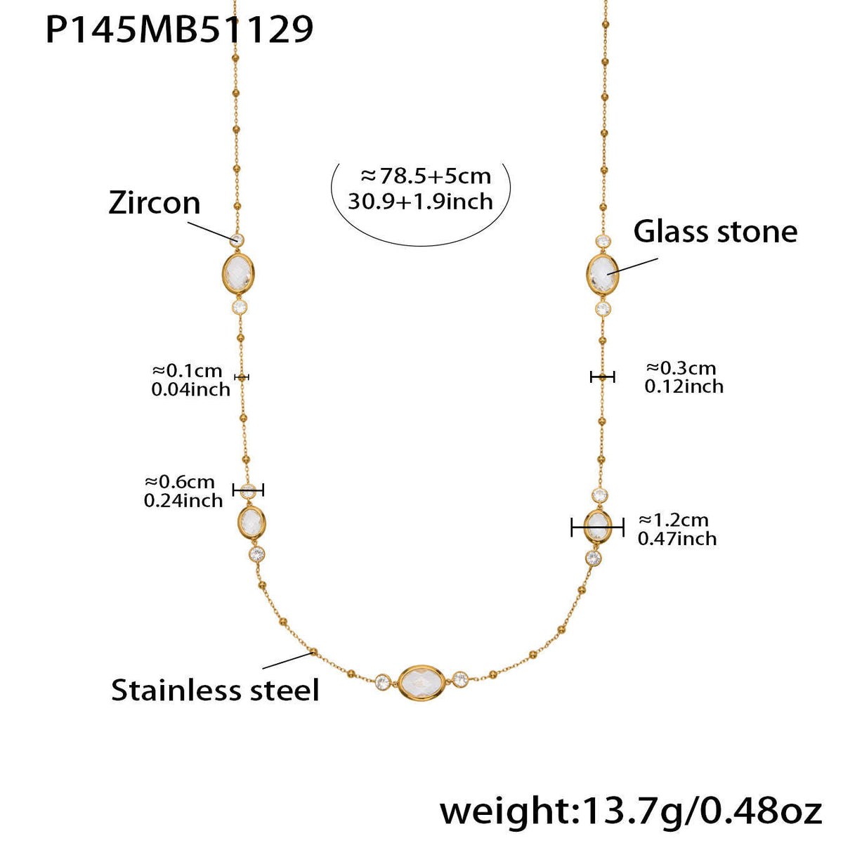 B廠-不鏽鋼十字夾珠鏈橢圓包邊切面玻璃石項鍊耳環首飾套裝鍍18k真金「TXP506」25.12-1