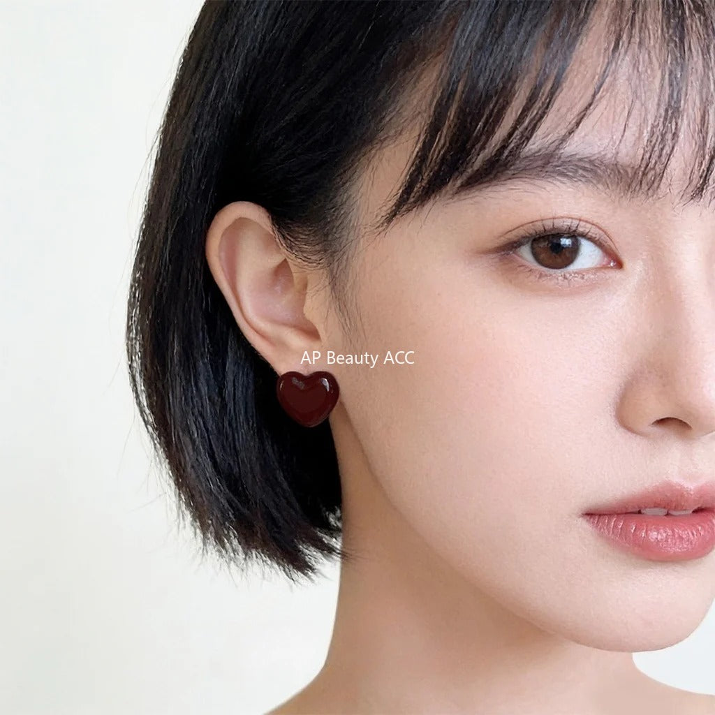 A廠-琺瑯滴釉酒紅色愛心耳環文藝復古港風心形通勤耳飾「7254」25.12-3
