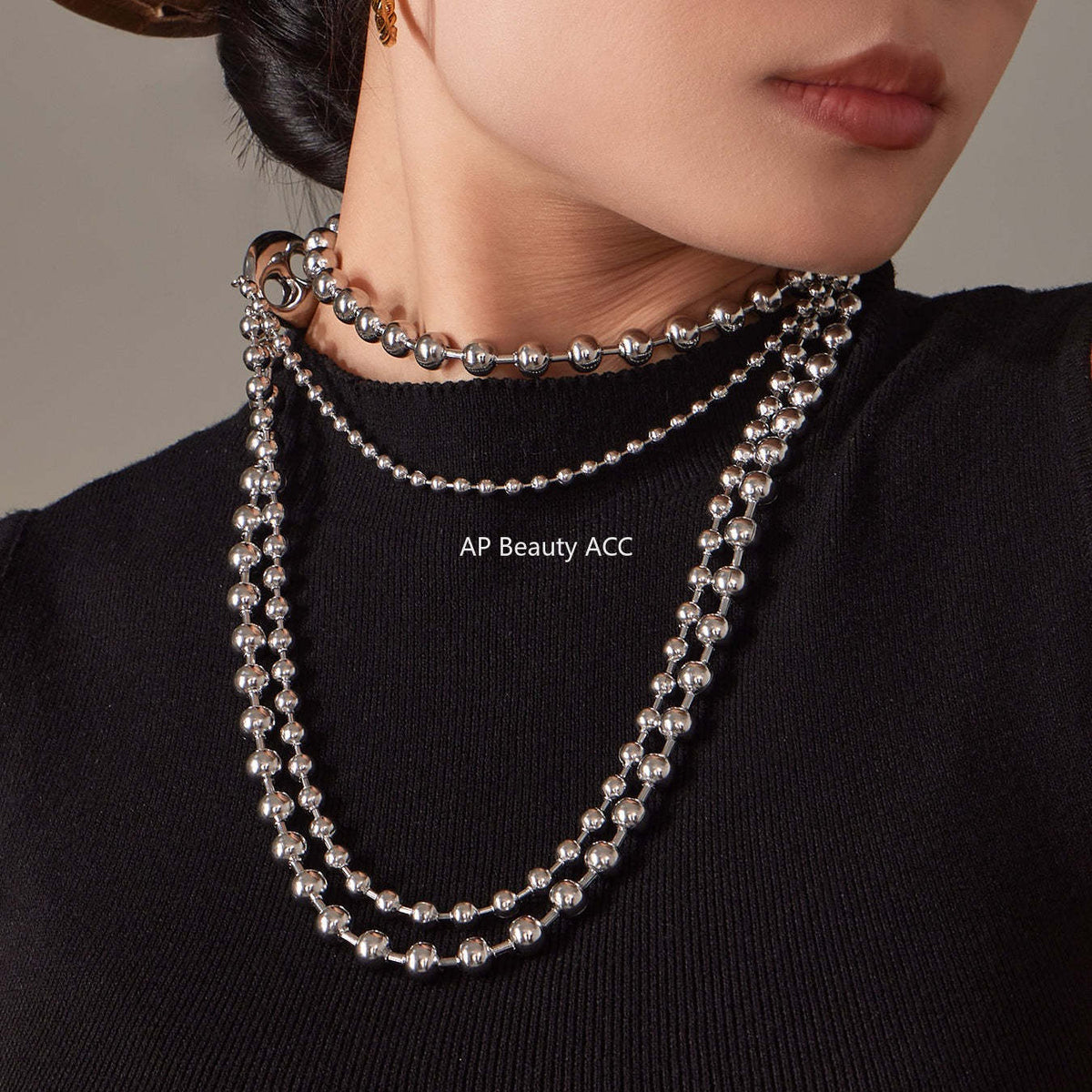 B廠-歐美拼色不鏽鋼愛心扣多層圓珠鏈項鍊ins個性時尚百搭飾品「P1853」25.11-3