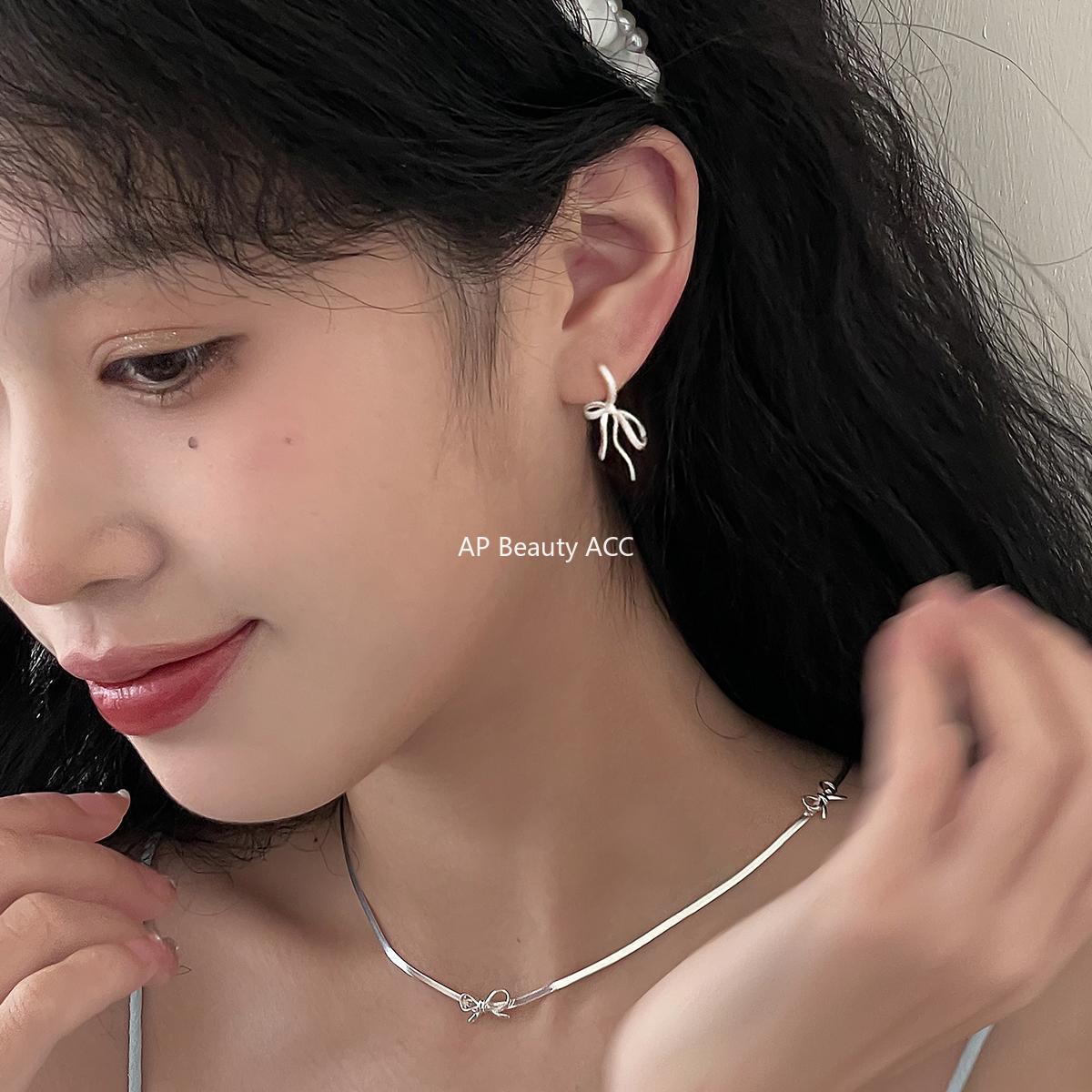 C廠-絲帶蝴蝶結耳釘女小眾設計感高級耳環耳圈拉絲絕美特純銀針耳飾「EH-3250.SJ」25.12-2