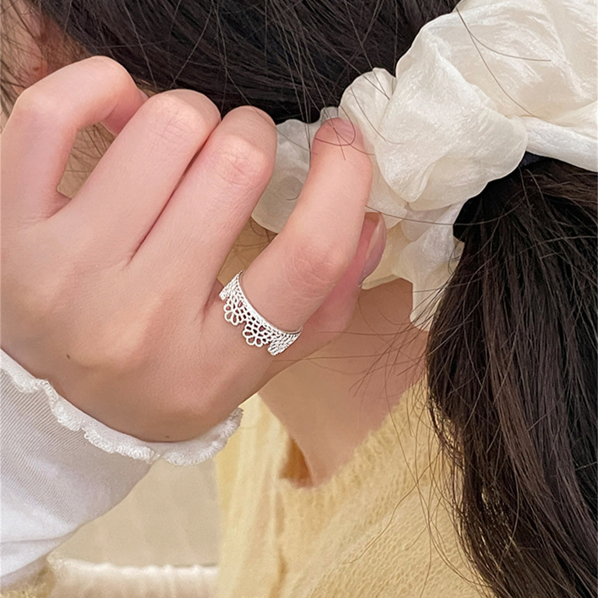 C廠-日韓簡約蕾絲花朵純銀戒指女甜美百搭氣質指戒輕奢設計高級感指環「JZ-0673」25.08-3