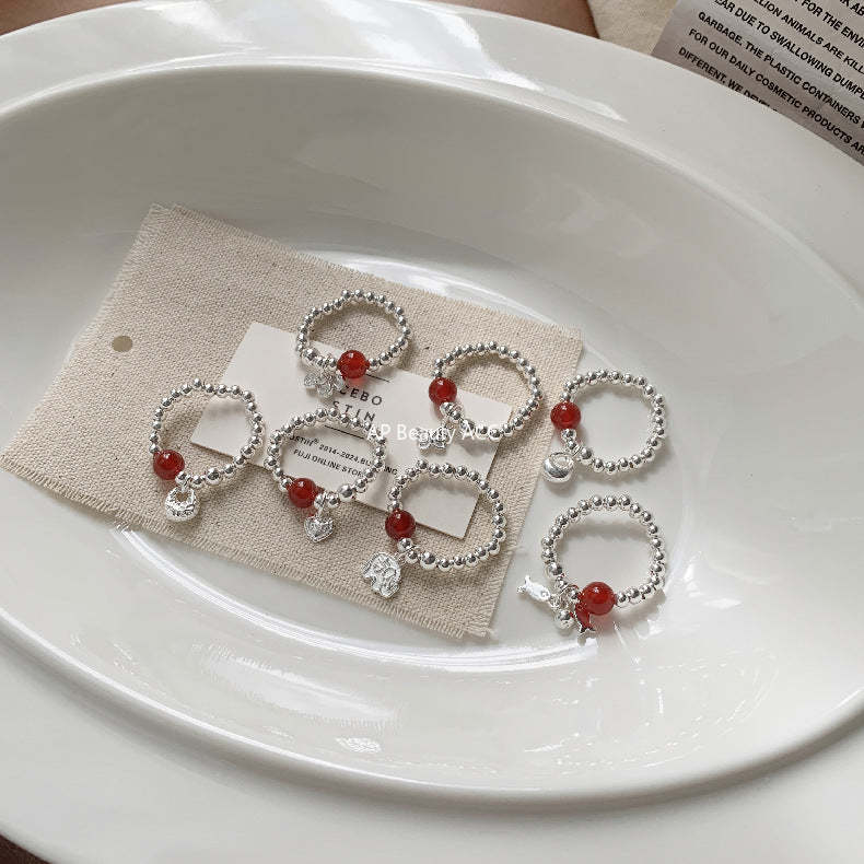 C廠-新中式古風大象小象小魚福袋蝴蝶結錢幣紅瑪瑙S925純銀彈力戒指「1520-1527」25.11-3