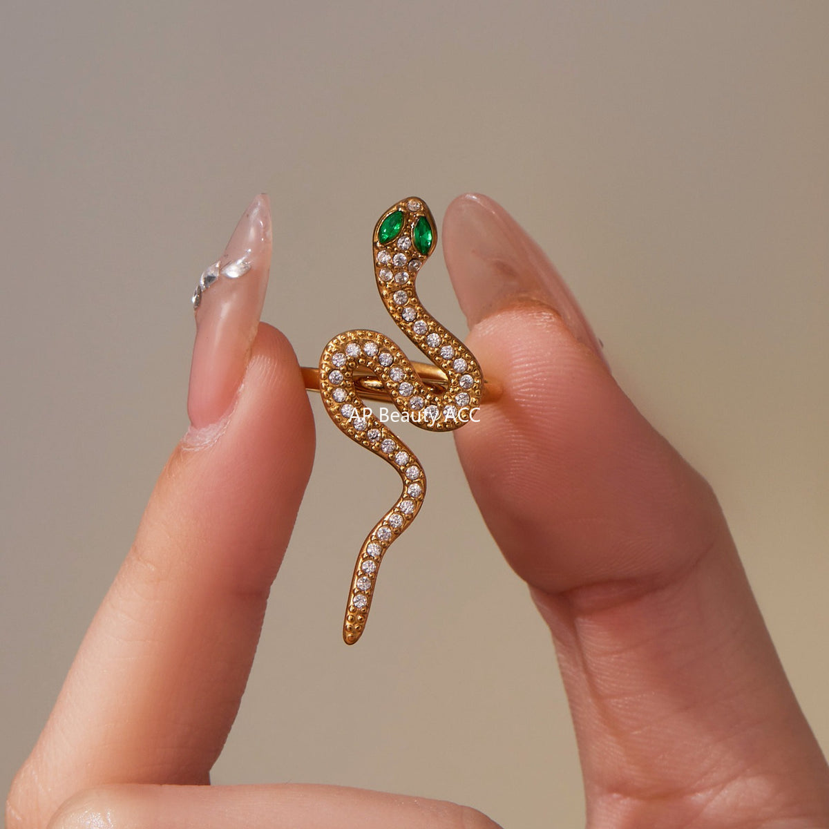 B廠-精緻5A鋯石蛇形滿鑽不鏽鋼戒指耳環首飾套裝鍍18k金跨境飾「TXF412」25.10-1