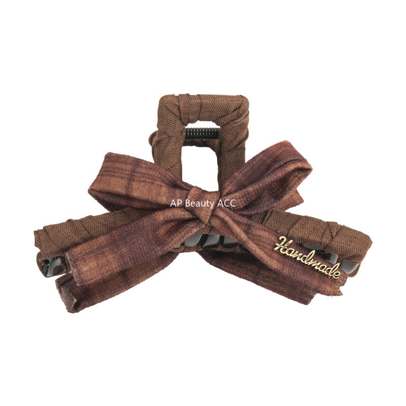 E廠-美拉德格紋蝴蝶結抓夾女高級感大號鯊魚夾子新款盤髮夾後腦勺頭飾「27659」25.11-2