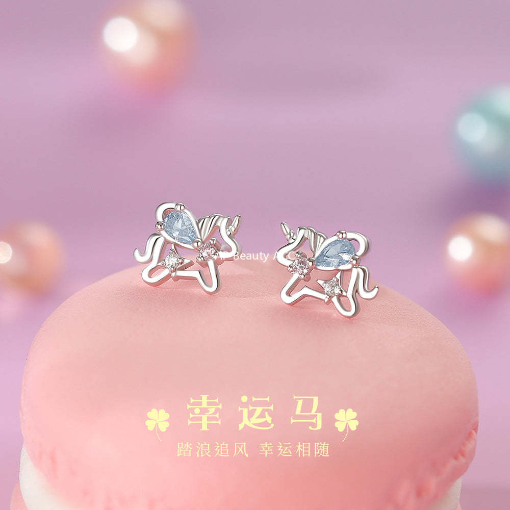D廠-原創足銀S999彩鋯獨角獸耳環幸運馬可愛溫柔清新本命年耳飾「YC4943E_1」25.12-3