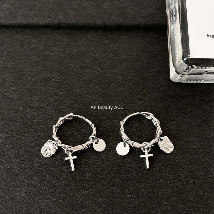 C廠-歐美設計感925銀針十字架吊墜耳環女冷淡風潮流酷颯耳扣秋冬耳飾「EH-4270」25.11-4