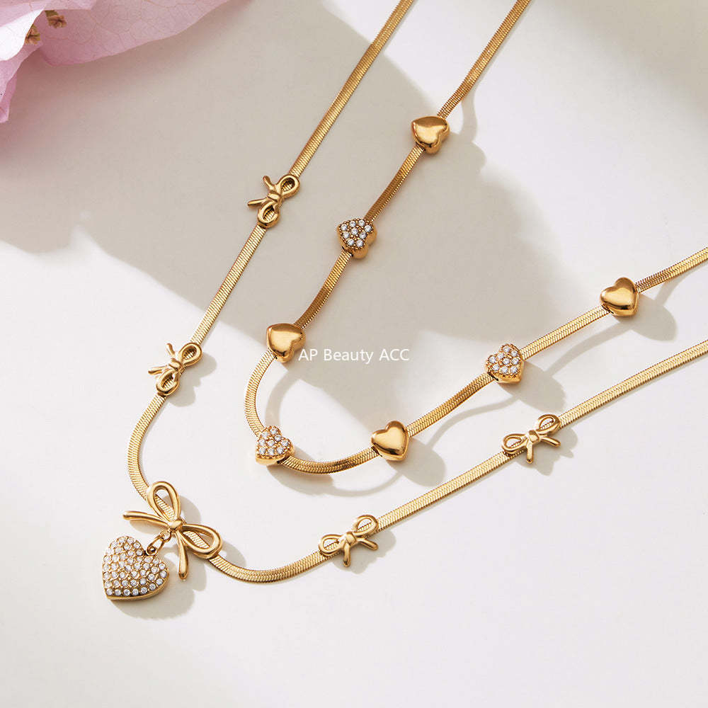 B廠-不鏽鋼蝴蝶結愛心鋯石滿鑽吊墜刀片鏈手鍊項鍊首飾套裝鍍18k真金「TXP499」25.11-4