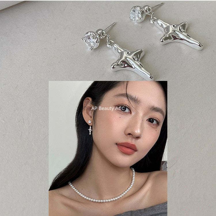 C廠-精緻時尚四芒星耳釘女高級感冷淡風鋯石耳環簡約小眾秋冬百搭耳飾「EH-4353」25.11-4