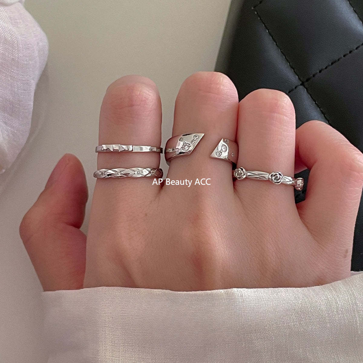 C廠-小眾高級感菱格紋純銀鋯石戒指輕奢冷淡風時尚氣質玫瑰花森系指環「JZ-0712」25.10-5