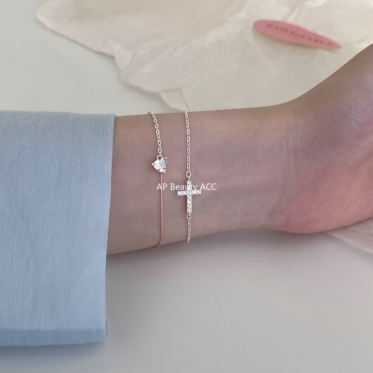 C廠-輕奢小眾愛心鋯石手鍊女高級感潮流十字架純銀手飾百搭冷淡風飾品「SL-487」25.11-1